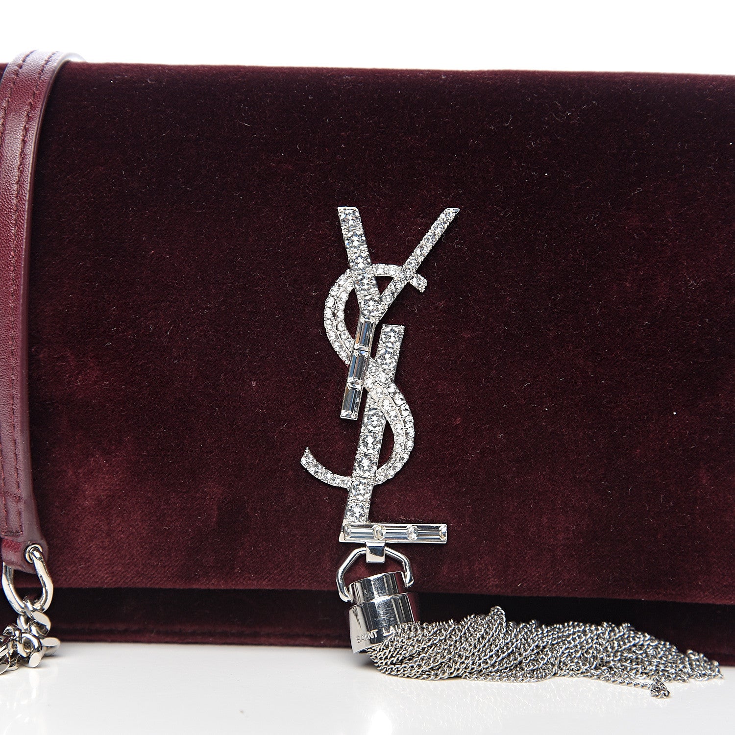 Saint Laurent Velvet Crystal Monogram Kate Tassel Shoulder Bag Burgundy 9 of 10