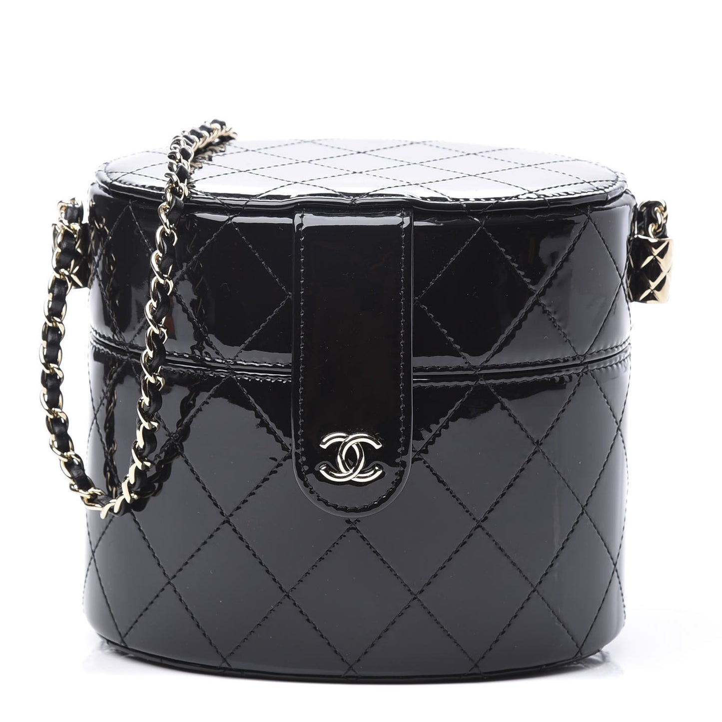 Patent Quilted Round Clutch With Chain Black