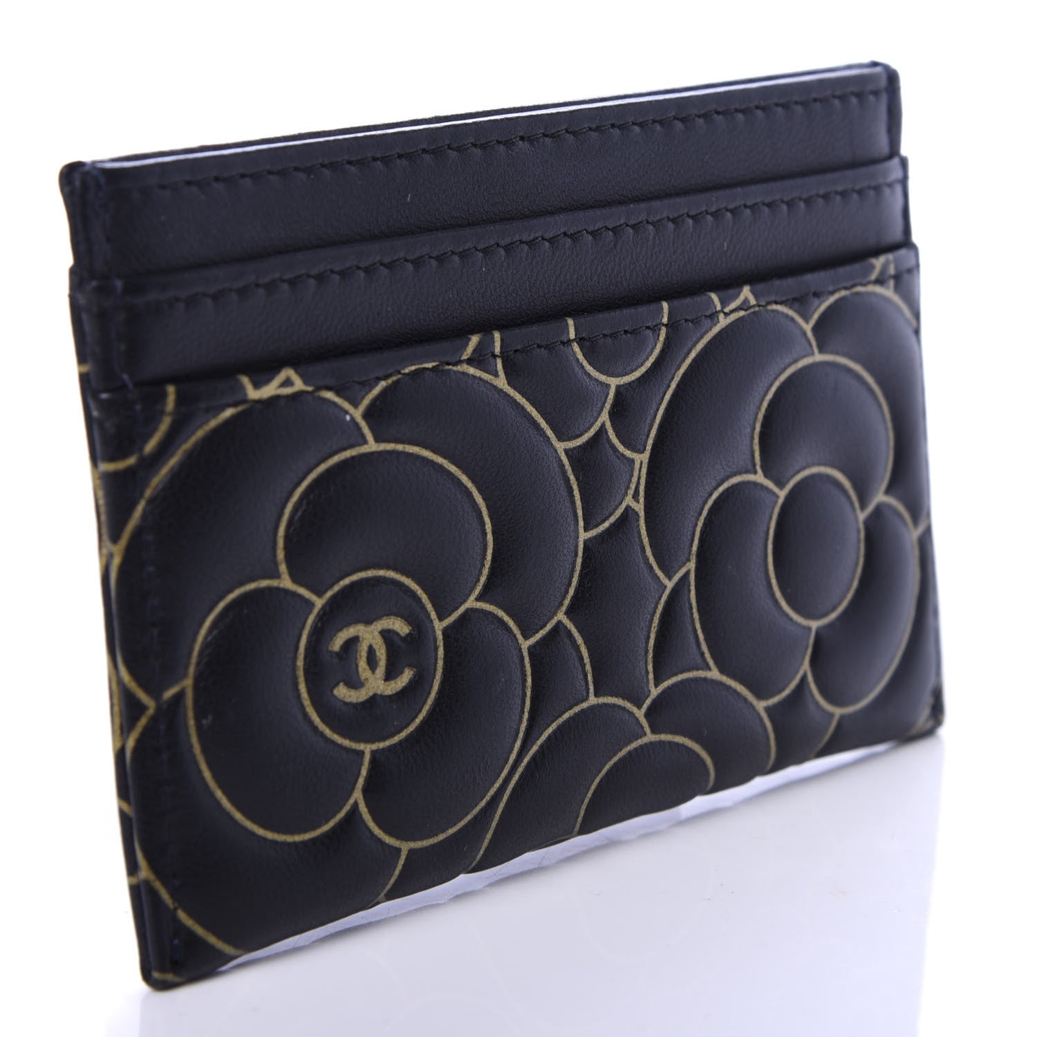 Chanel Lambskin Camellia Embossed Card Holder Black Gold 3 of 9