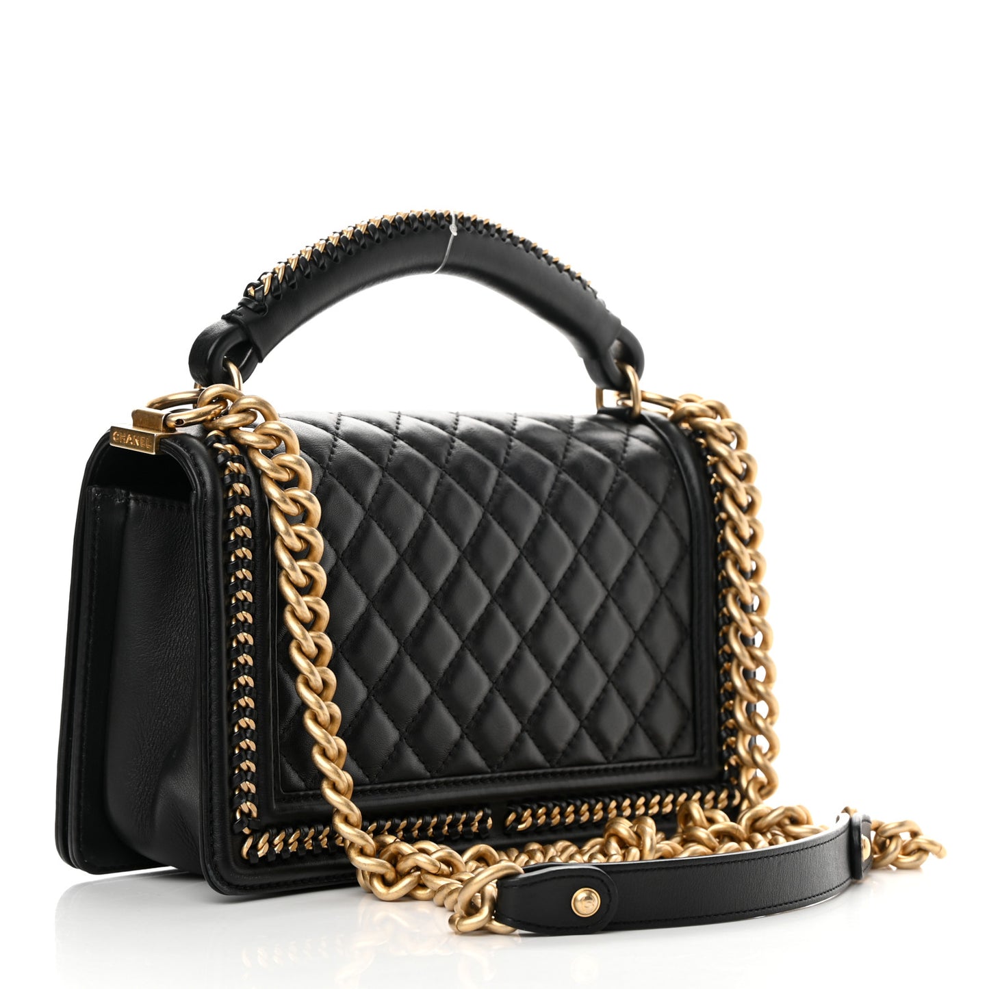 Calfskin Quilted Medium Boy Top Handle Flap Black