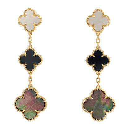 Van Cleef & Arpels 18K Yellow Gold Mother of Pearl Black Onyx 3 Motifs Magic Alhambra Earrings 1 of 4