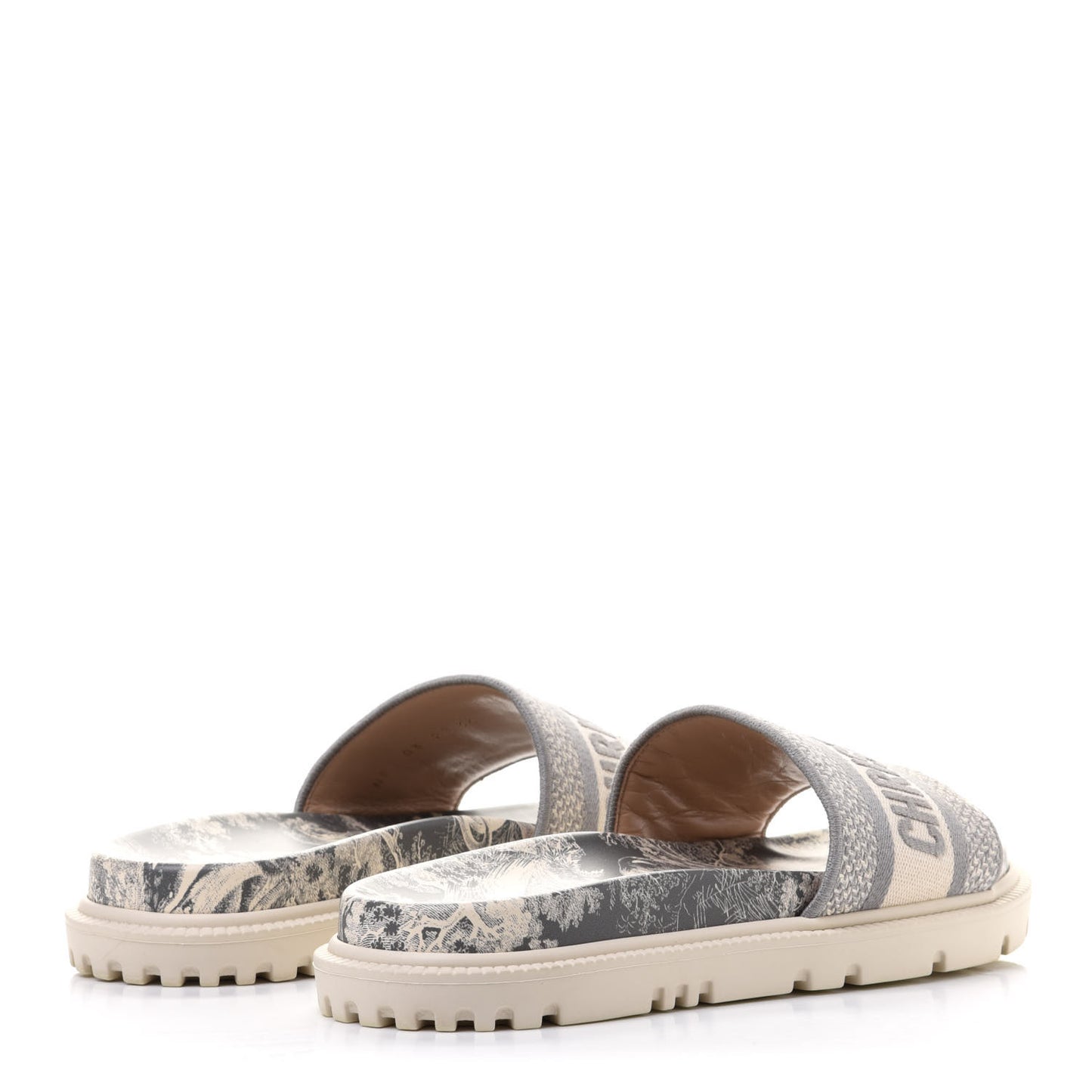 Canvas Toile de Jouy Embroidered Dway 10mm Slide Sandals 36 Off White Grey