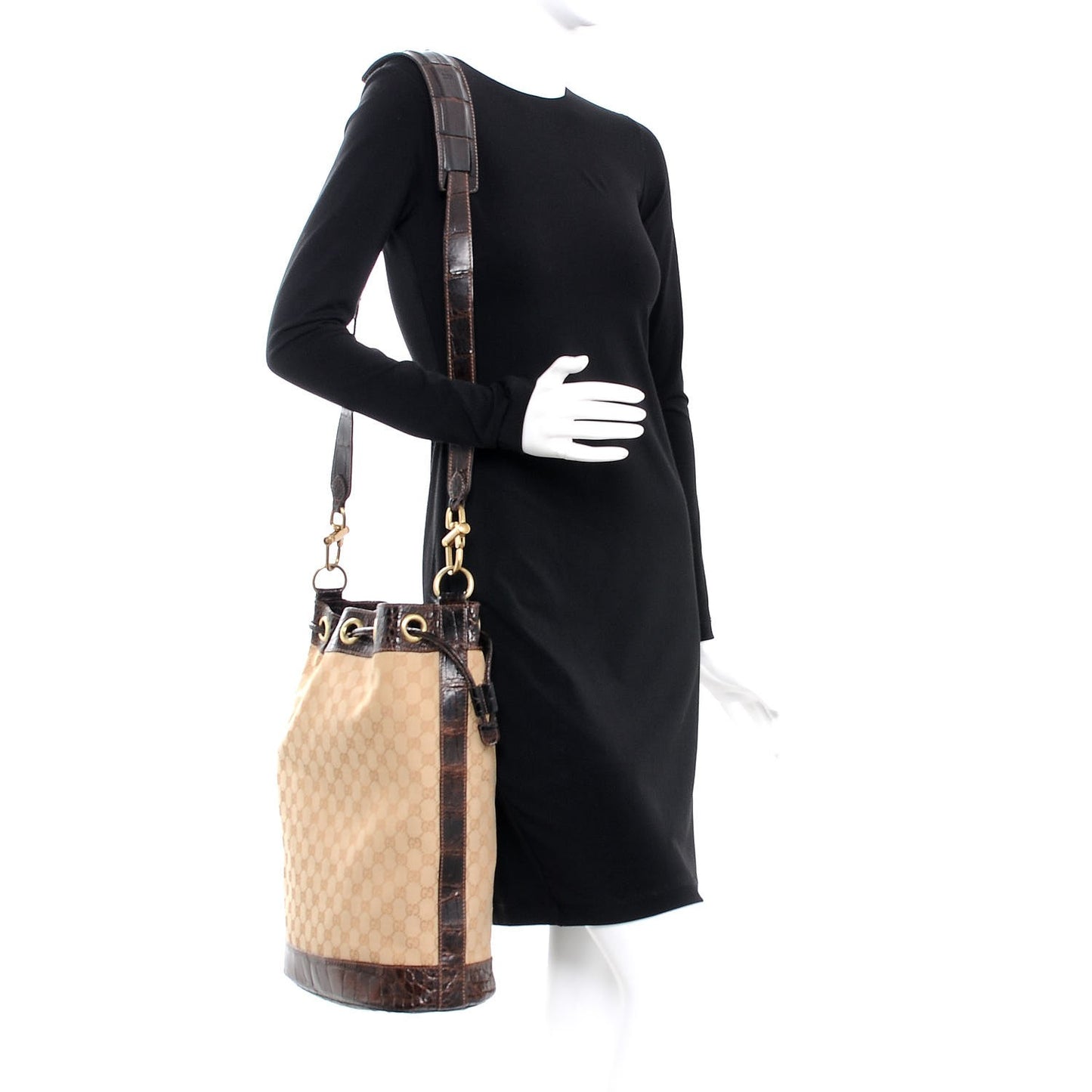 Monogram Crocodile Drawstring Shoulder Bag Dark Brown