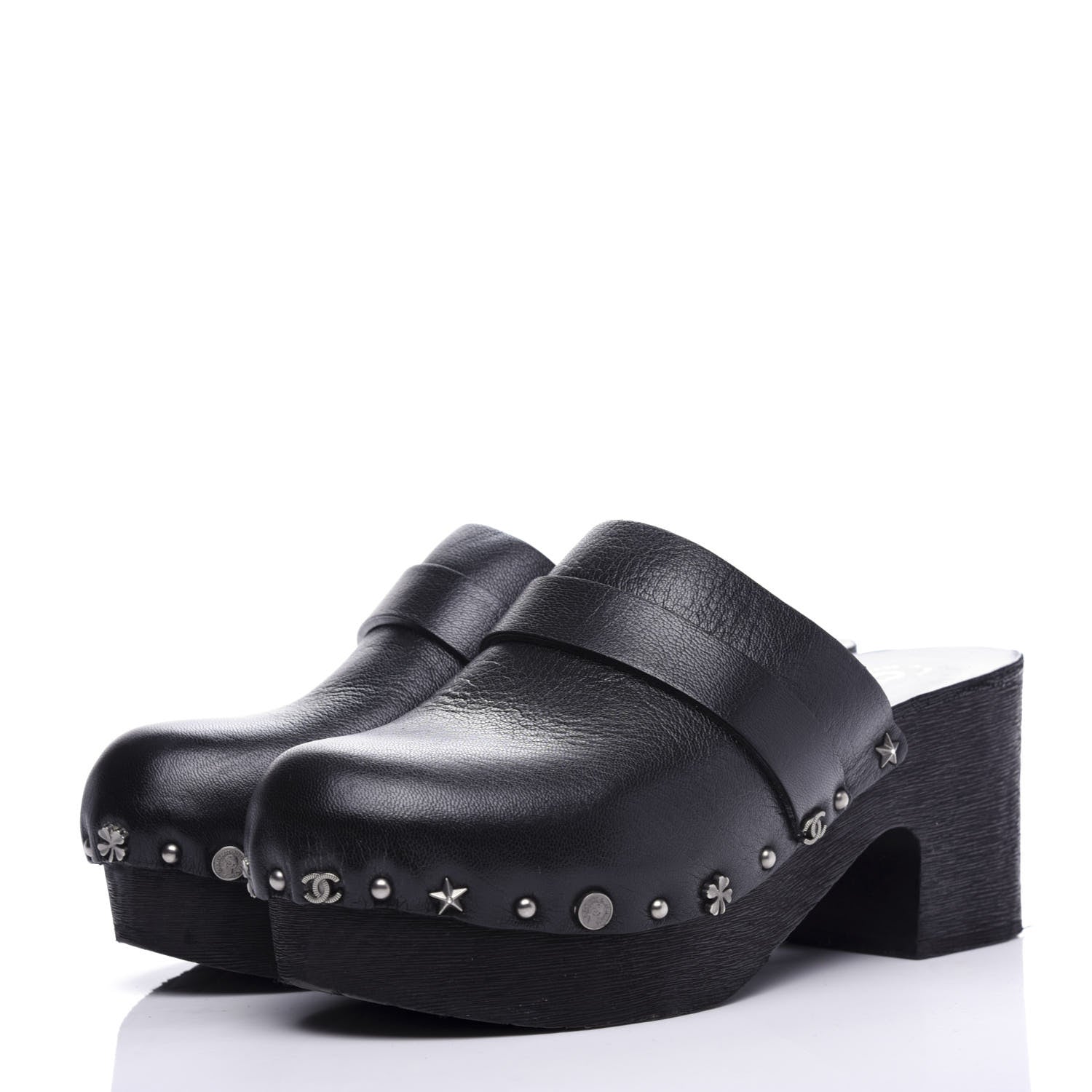 Chanel Calfskin CC Lucky Charms Studded Clogs 37 Black 3 of 10