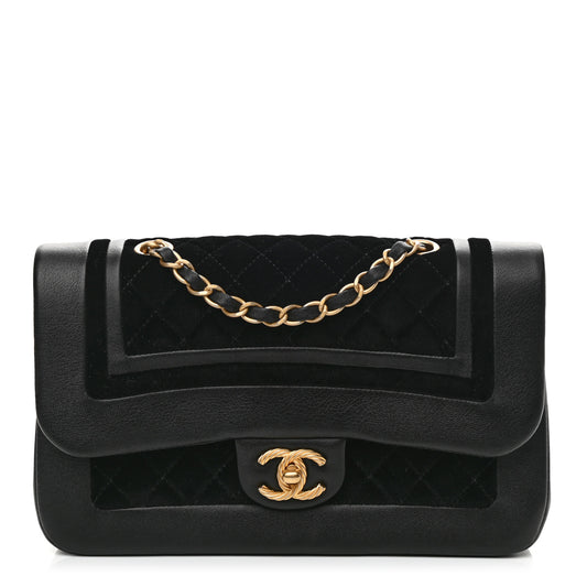 Metallic Lambskin Velvet Quilted Medium Flap Black