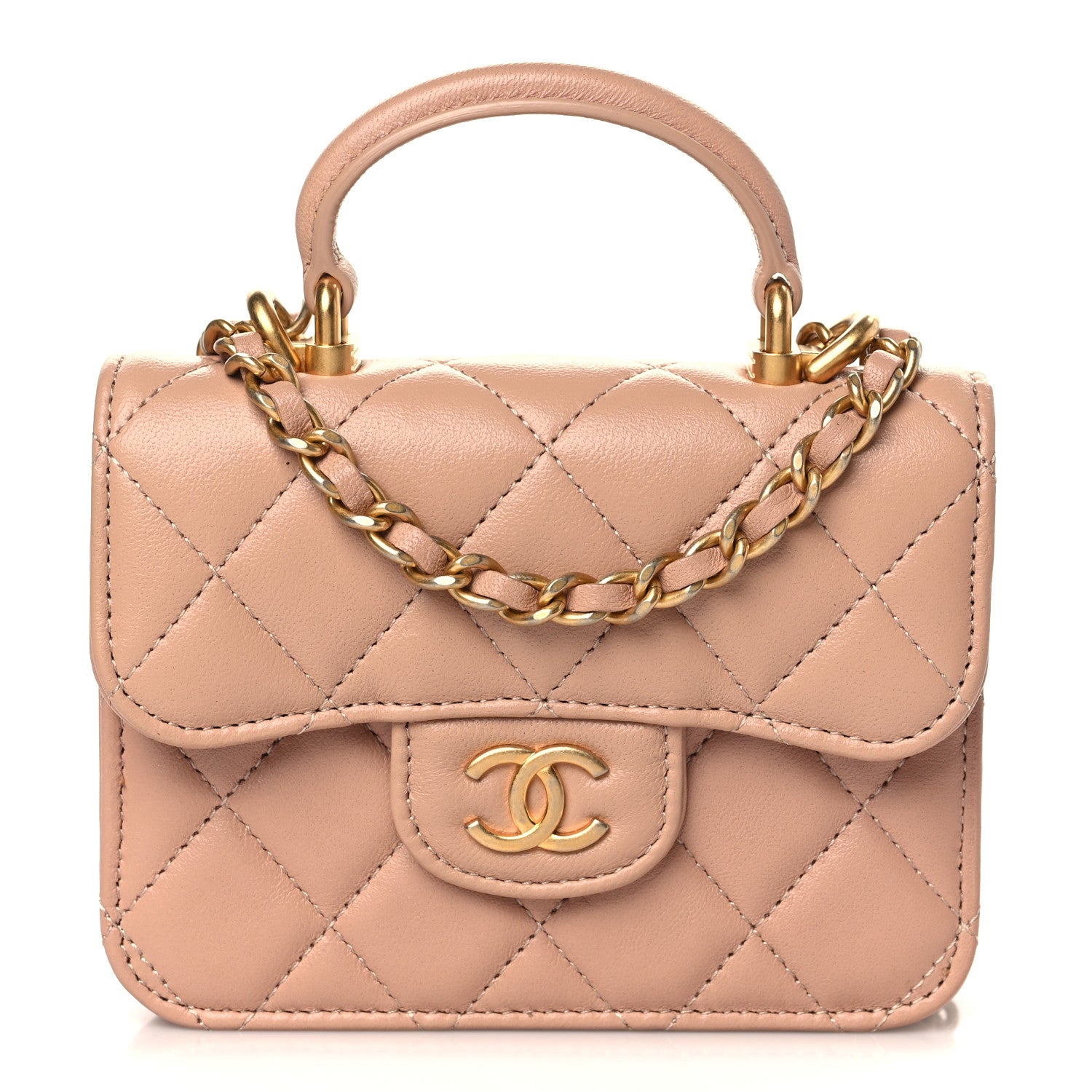 Chanel Lambskin Quilted Top Handle Flap Coin Purse With Chain Beige 1 of 11