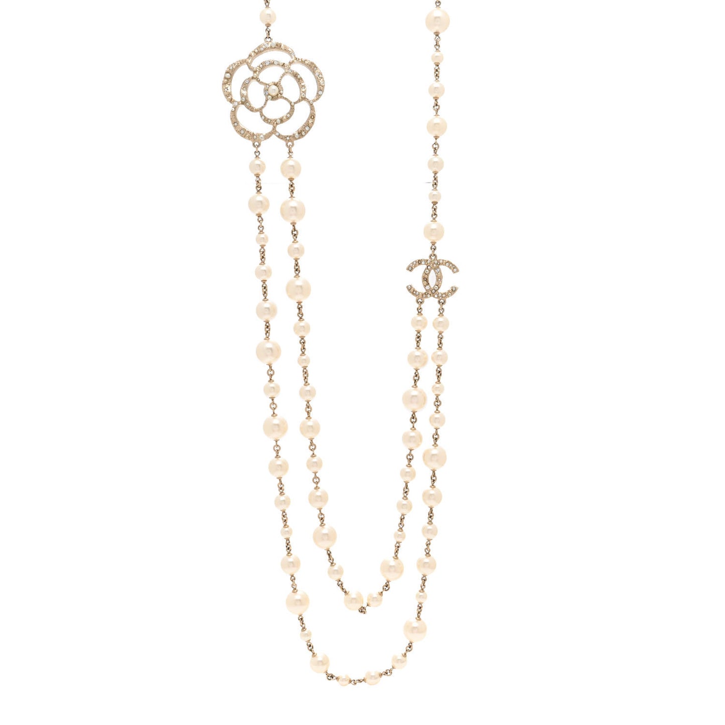 Crystal Pearl CC Camellia Long Necklace Gold