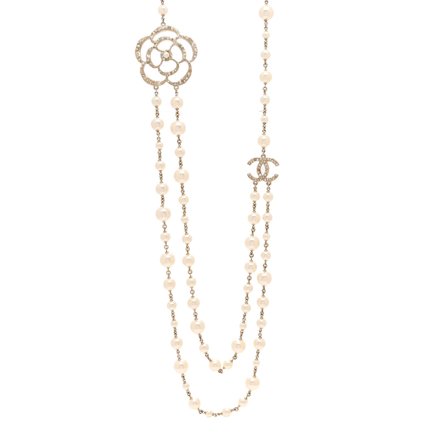 Chanel Crystal Pearl CC Camellia Long Necklace Gold 1 of 7