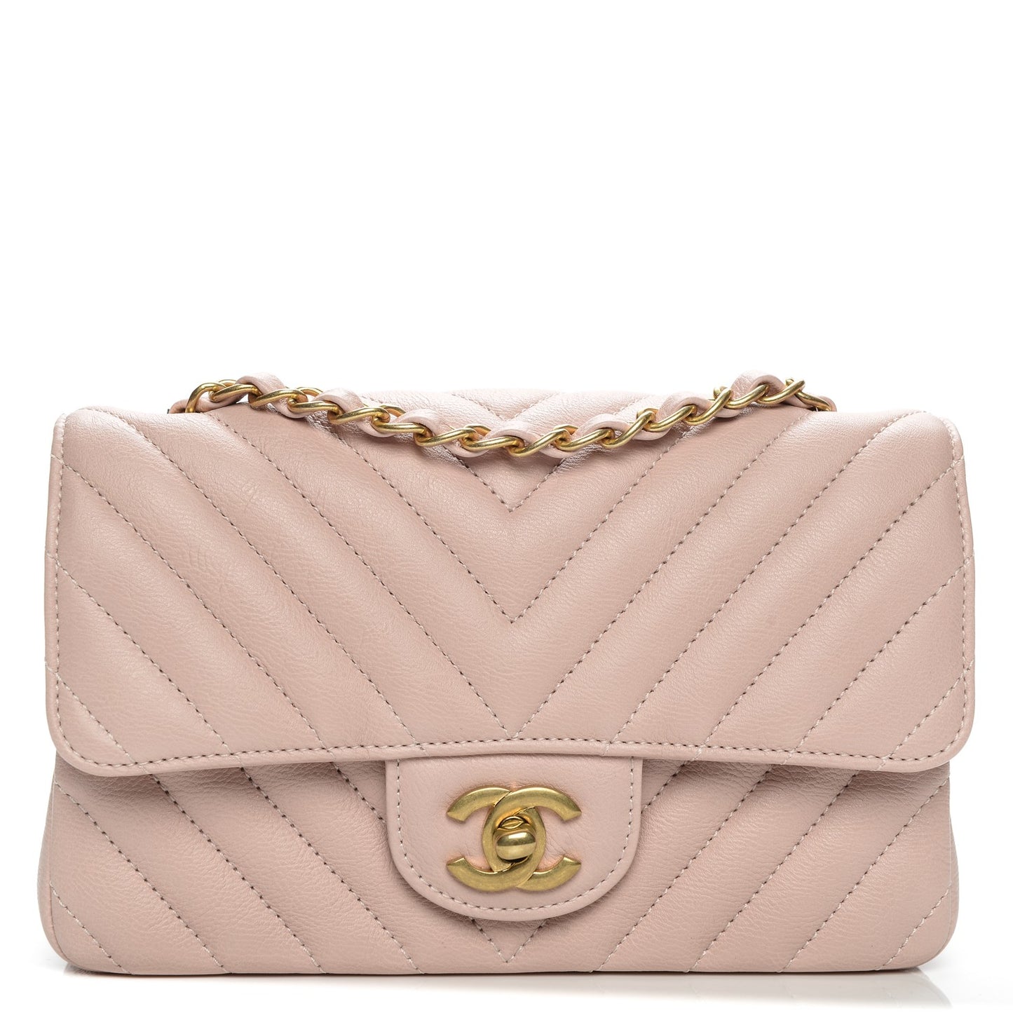 Calfskin Chevron Quilted Mini Rectangular Flap Light Pink
