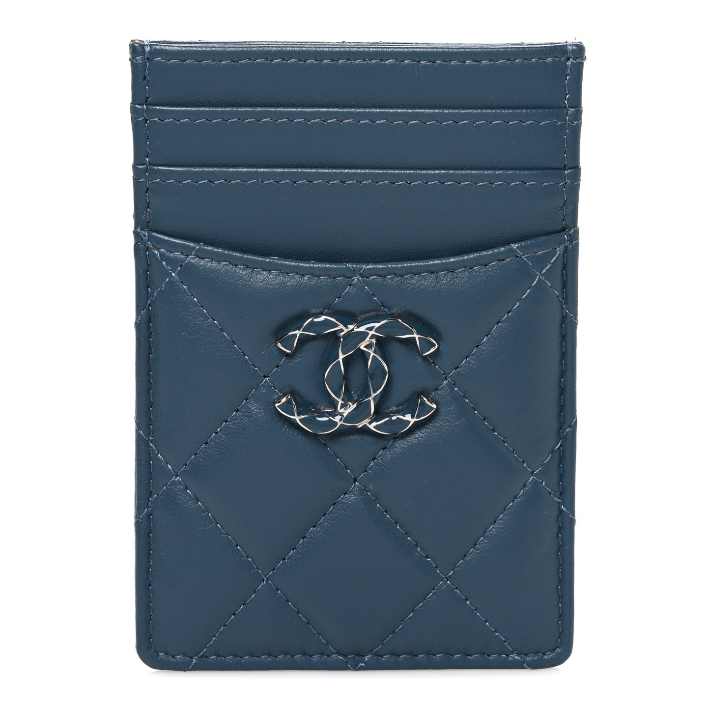Lambskin Quilted Enamel Vertical Card Holder  Dark Blue