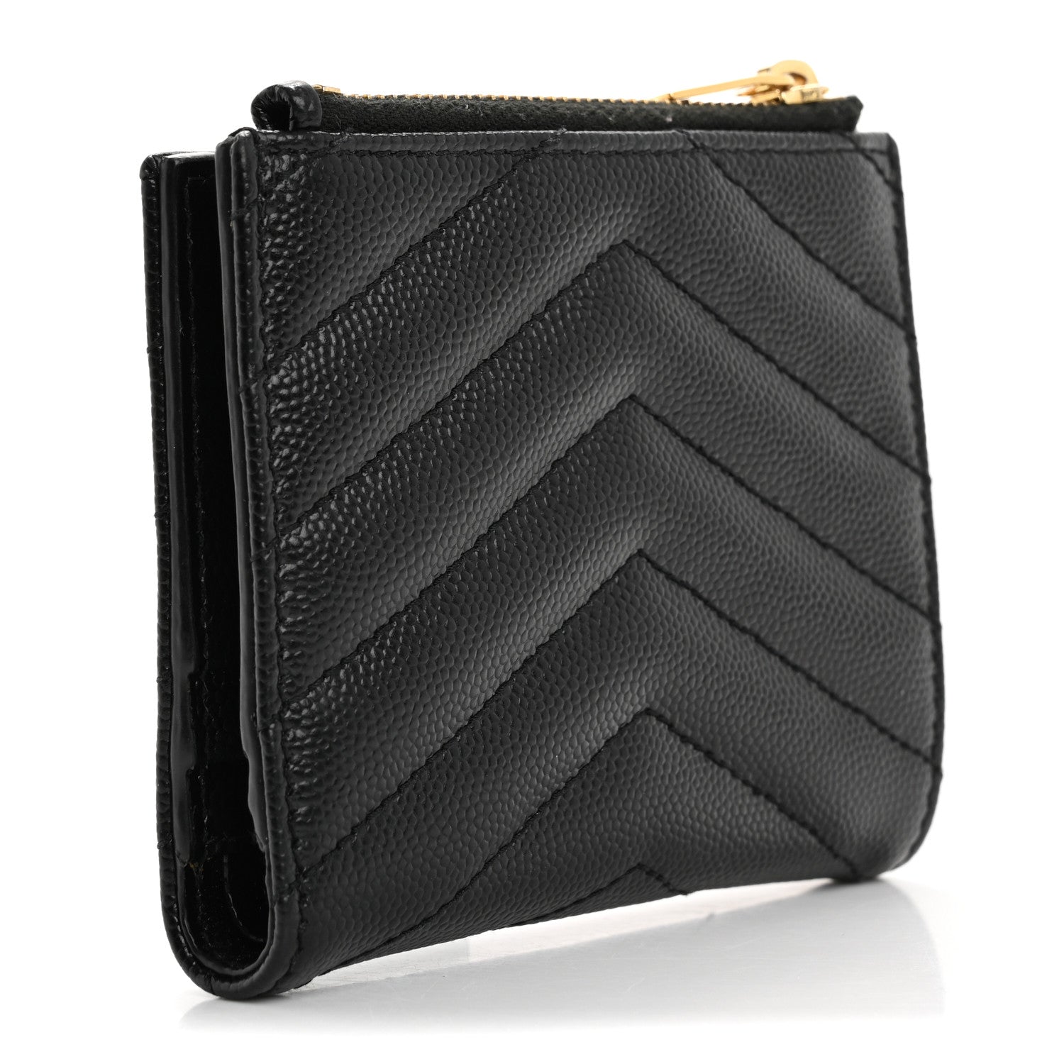 Saint Laurent Grain De Poudre Matelasse Chevron Monogram Zipped Card Case Black 3 of 9