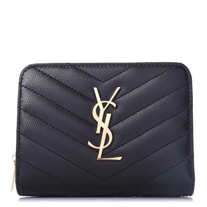 Saint Laurent Grain De Poudre Matelasse Chevron Monogram Compact Zip Around Wallet Black 1 of 8