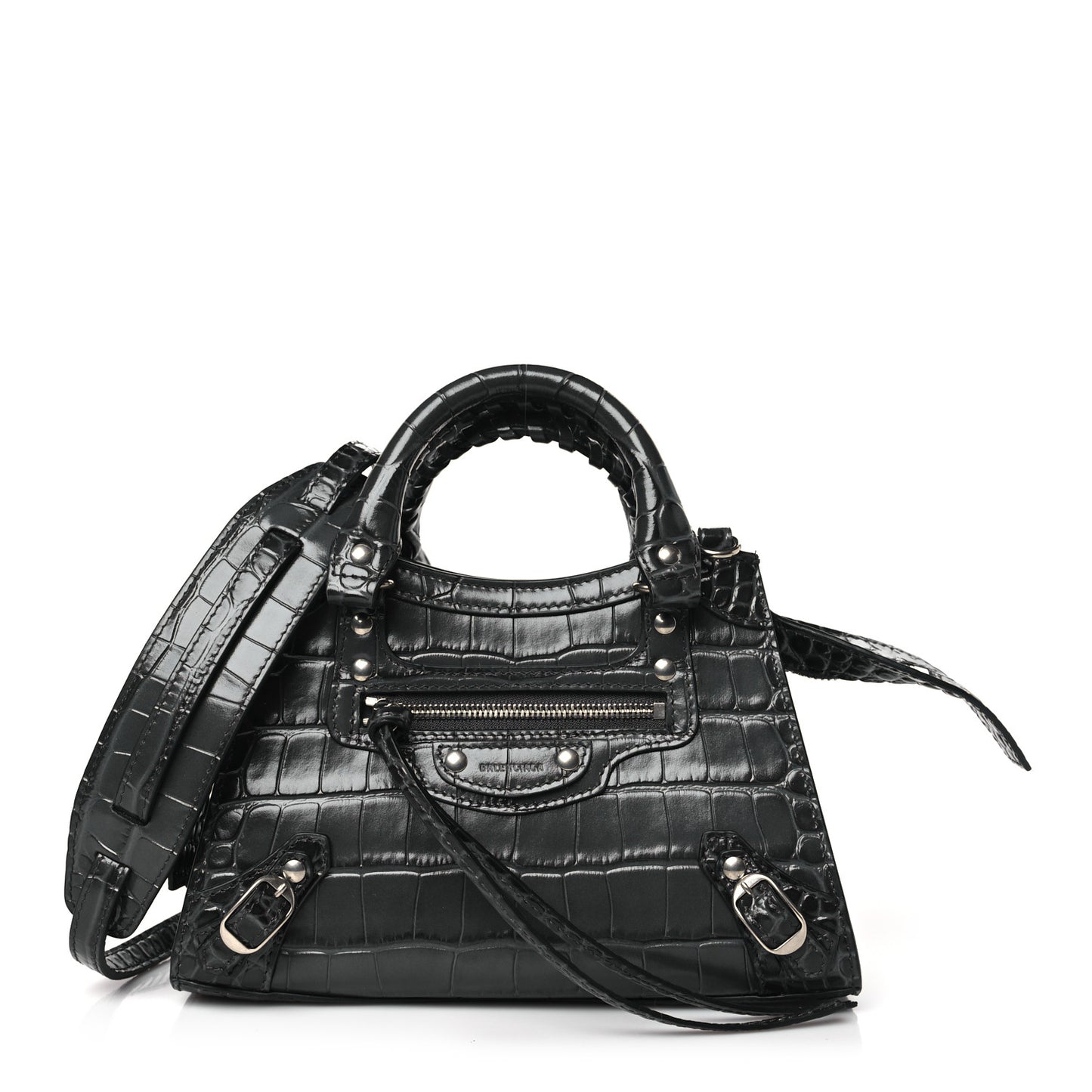 Calfskin Crocodile Embossed Neo Classic Silver Hardware Mini City Dark Grey
