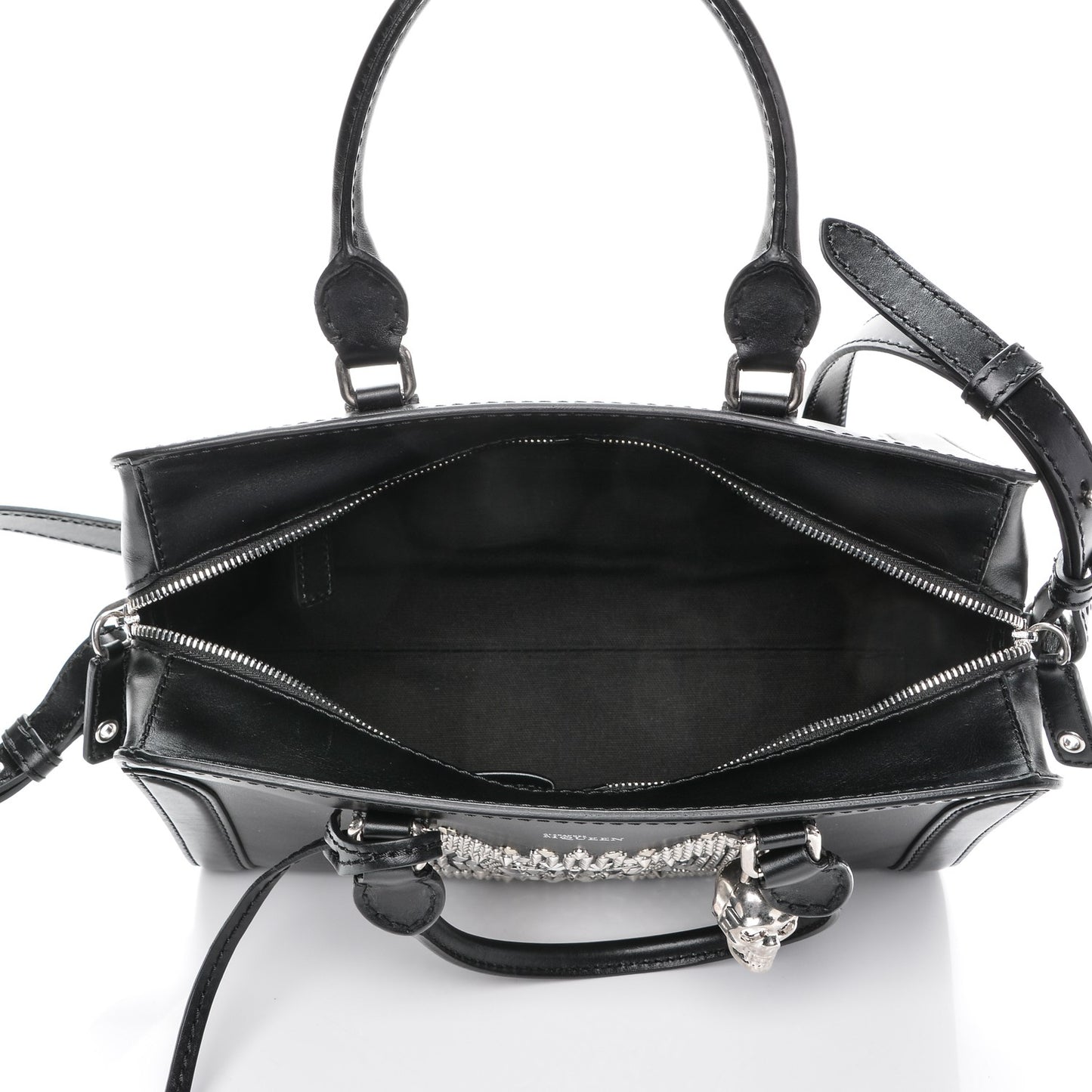 Smooth Calfskin Small Star Studded Skull Padlock Zip Around Tote Black