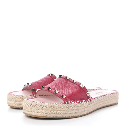 Valentino Garavani Grained Calfskin Rockstud Espadrille Flat Slide Sandals 39 Red 3 of 9
