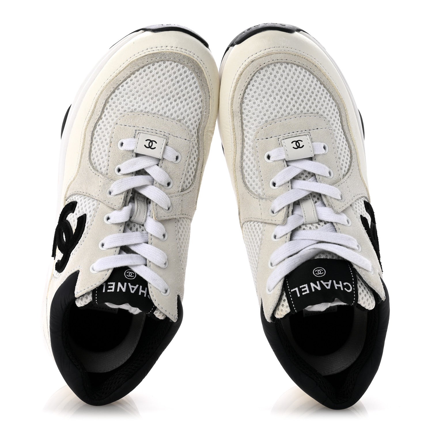 Chanel Mesh Suede Calfskin Grained Calfskin Womens CC Sneakers 37.5 White Black 2 of 10