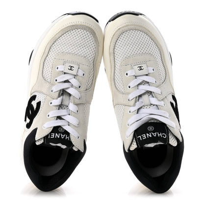 Chanel Mesh Suede Calfskin Grained Calfskin Womens CC Sneakers 37.5 White Black 2 of 10