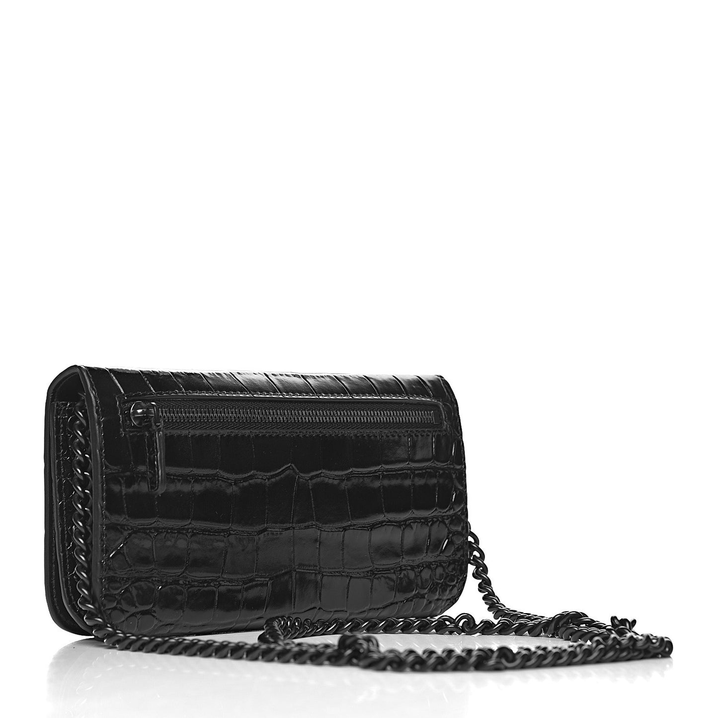 Shiny Calfskin Crocodile Embossed BB Phone Holder Wallet On Chain Black