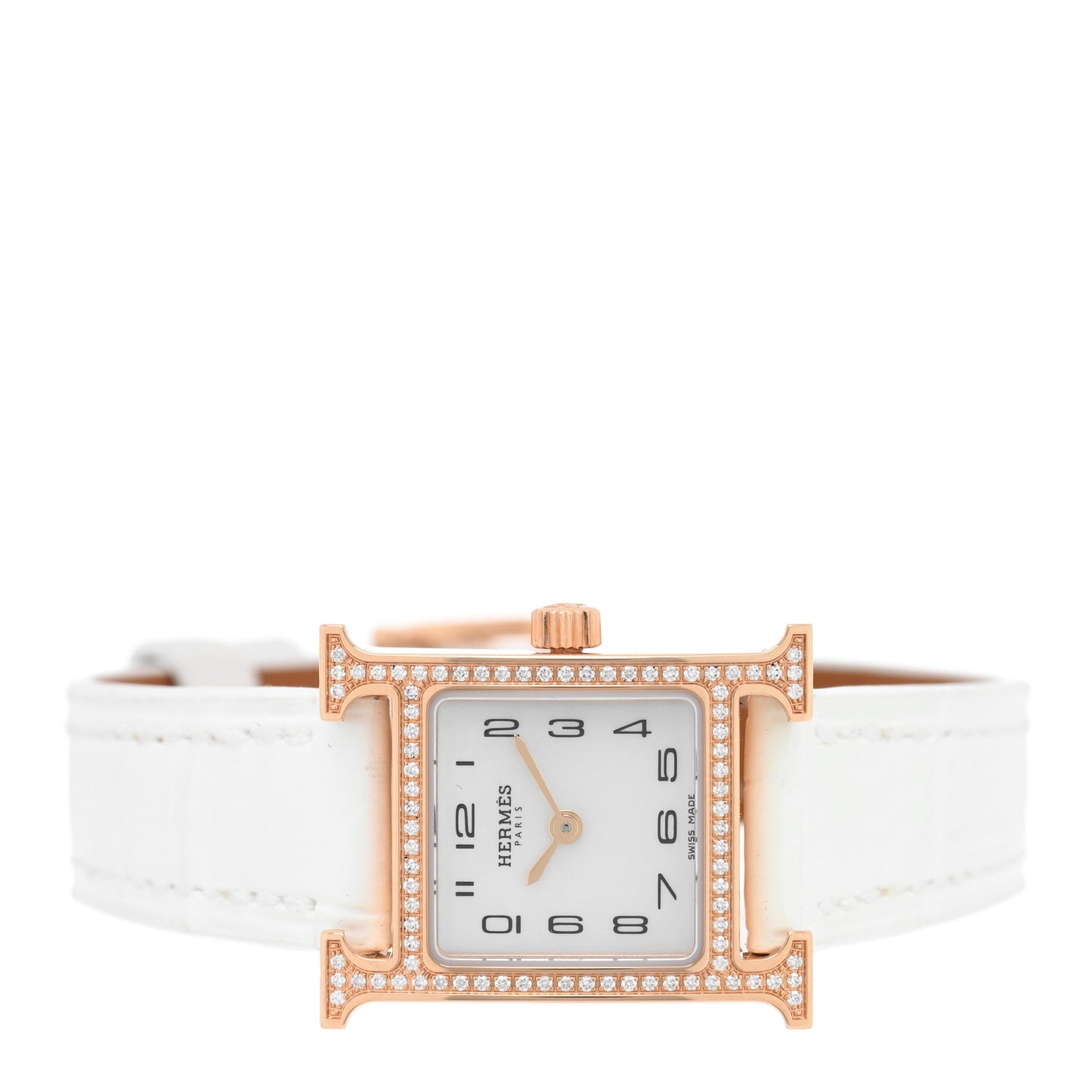 18K Rose Gold Alligator Diamond Bezel Mother of Pearl 17.2mm Heure H Hour Quartz Watch Blanc