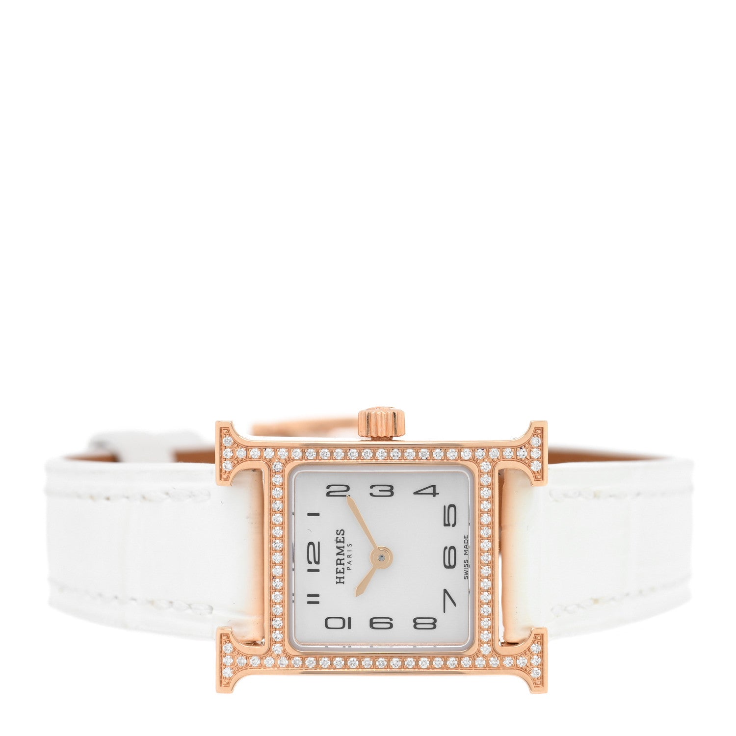 Hermes 18K Rose Gold Alligator Diamond Bezel Mother of Pearl 17.2mm Heure H Hour Quartz Watch Blanc 2 of 5