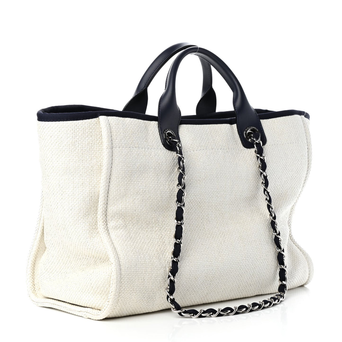 Woven Straw Raffia Medium Deauville Tote White Navy