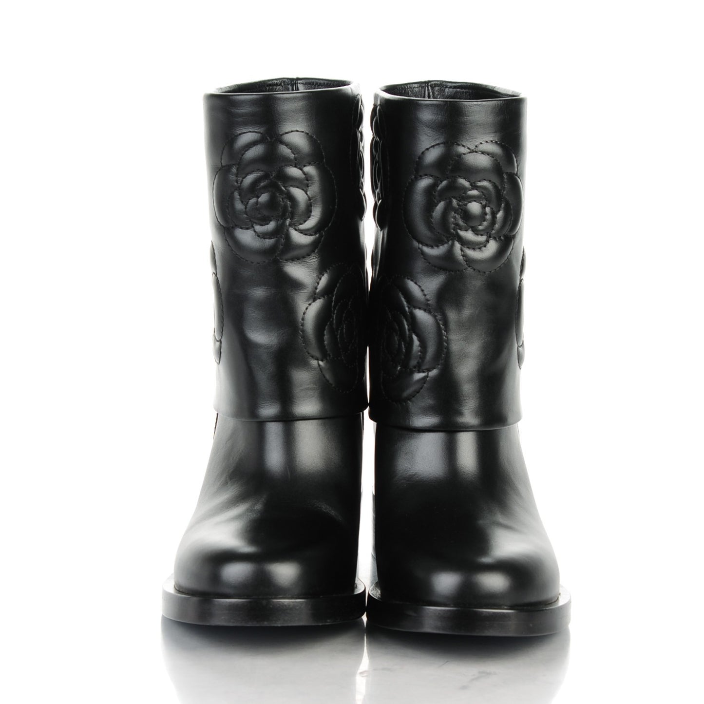 Calfskin Camellia Short Boots 36 Black