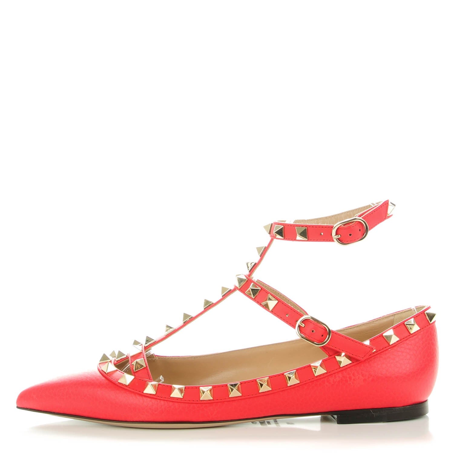 Valentino Garavani Pebbled Calfskin Rockstud Cage Ballerina Flats 36 Red 1 of 8