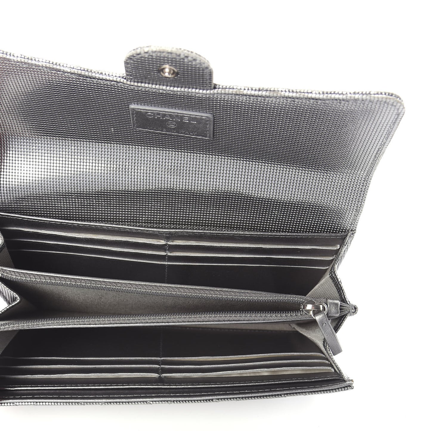 Metallic Calfskin Quilted Pixel Effect Large Flap Wallet Silver