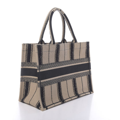 Christian Dior Canvas Embroidered Medium Bayadere Book Tote Black Beige 3 of 10