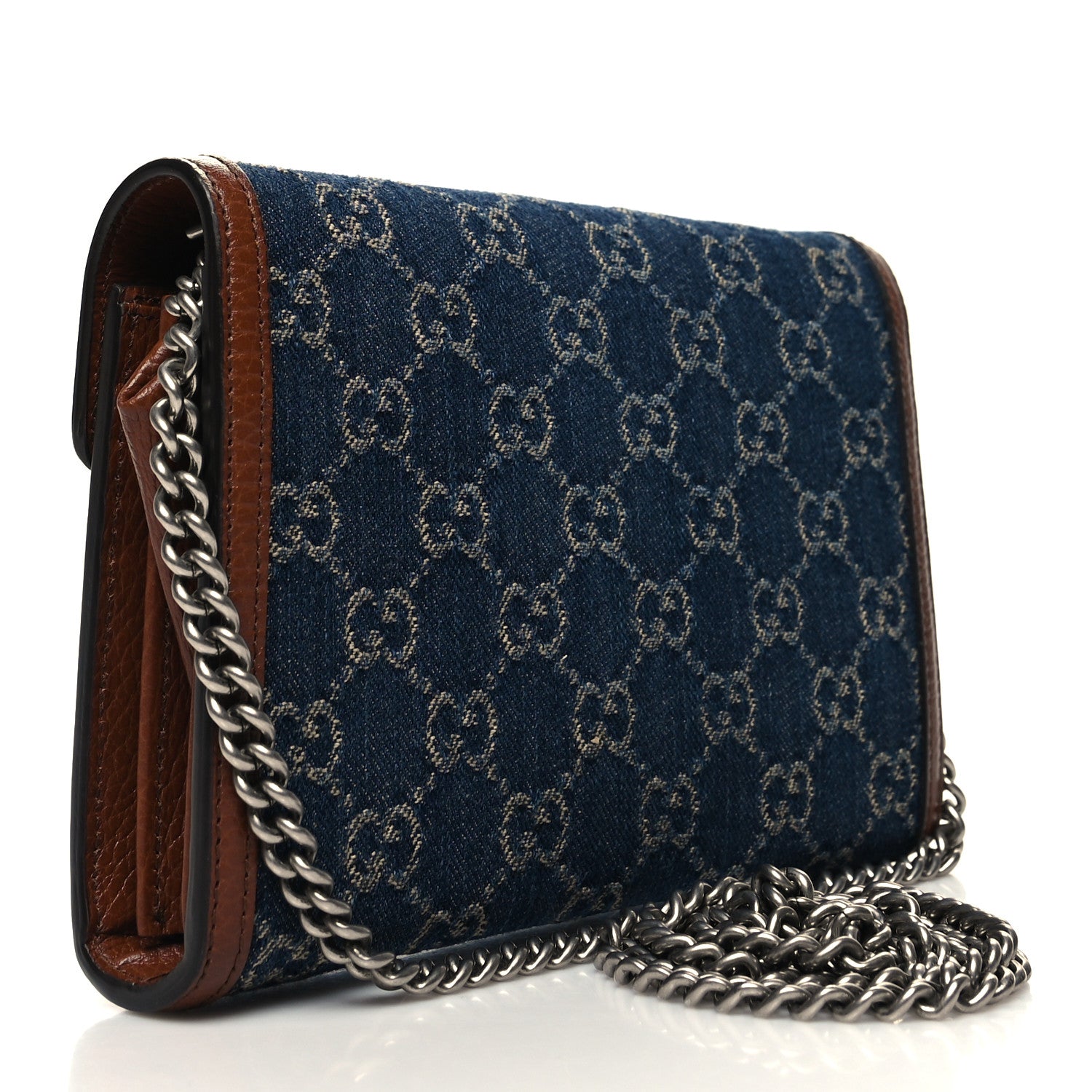Gucci New Denim GG Monogram Dollar Calfskin Enamel Mini Dionysus Chain Wallet Blue Tea Cuir Epilog Electric Blue 3 of 12