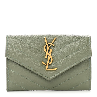 Saint Laurent Grain De Poudre Matelasse Chevron Small Monogram Envelope Wallet Light Sage 1 of 8