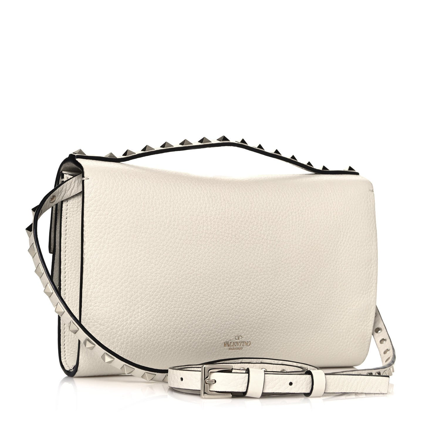 Pebbled Calfskin Rockstud Double Flap Crossbody Bag White