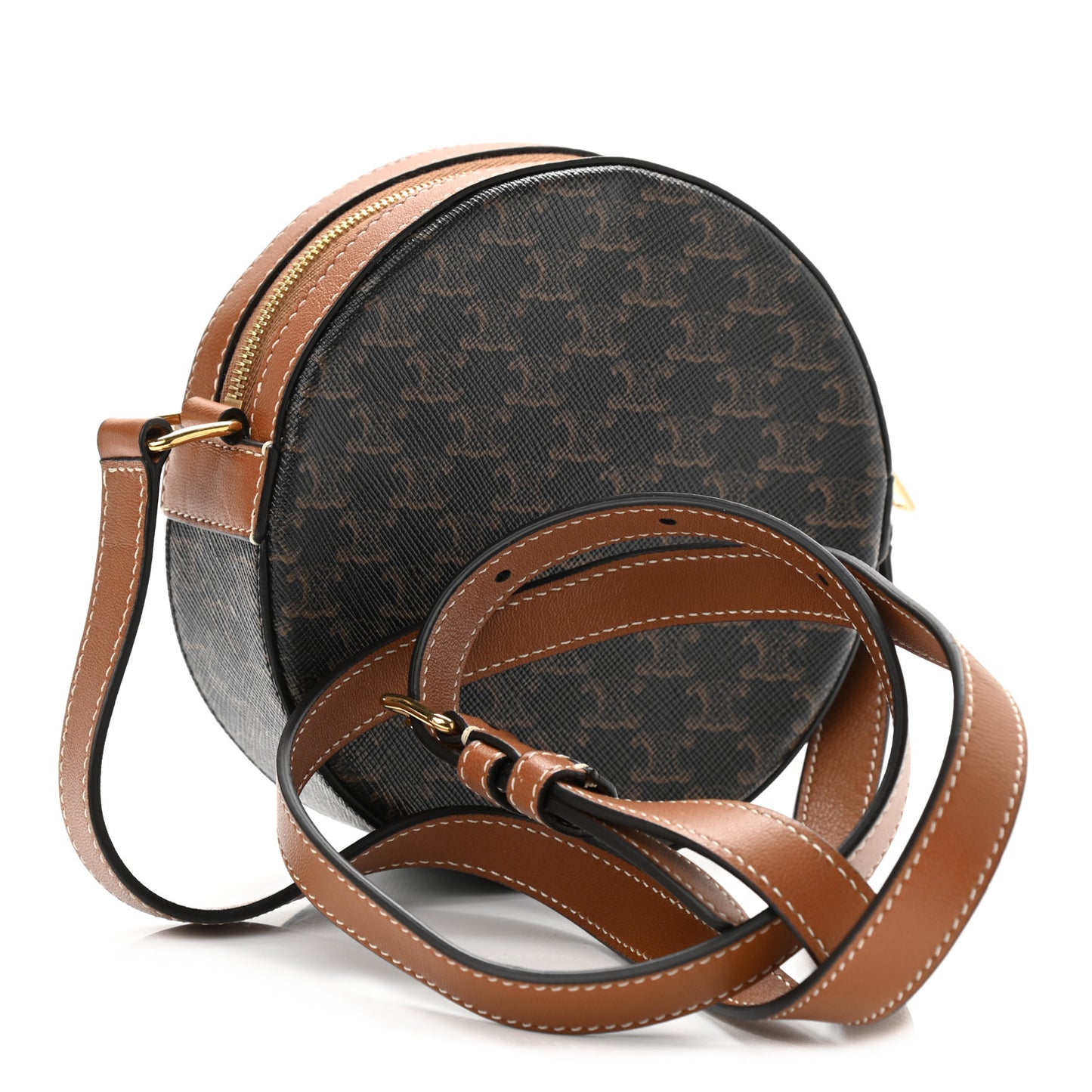 Triomphe Canvas Embroidered Logo Round Purse On Strap Black Tan