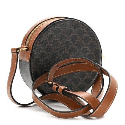 Celine Triomphe Canvas Embroidered Logo Round Purse On Strap Black Tan 3 of 11
