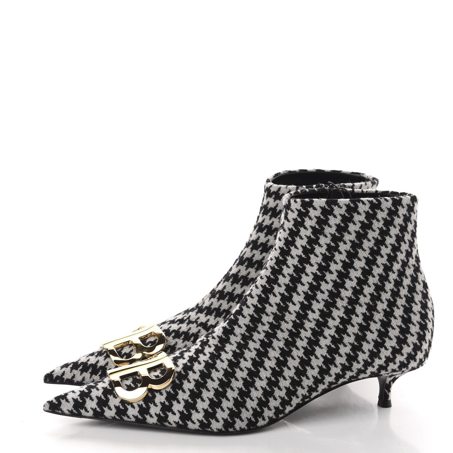 Wool Houndstooth BB Pointy Toe Ankle Booties 41 Black Ivory