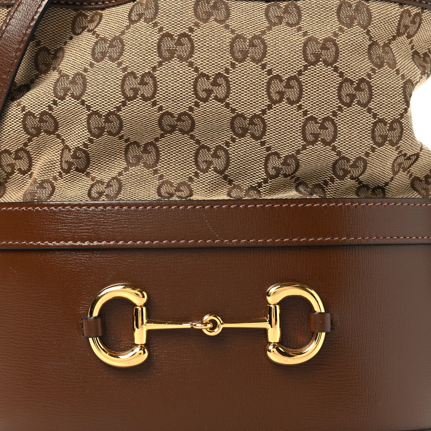 Gucci Monogram Textured Calfskin Horsebit 1955 Drawstring Bucket Bag Beige Brown Sugar 8 of 10