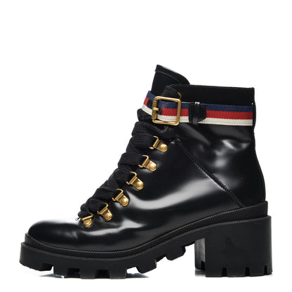 Gucci Calfskin Sylvie Web Womens Lace Up Combat Boots 37.5 Black 1 of 10