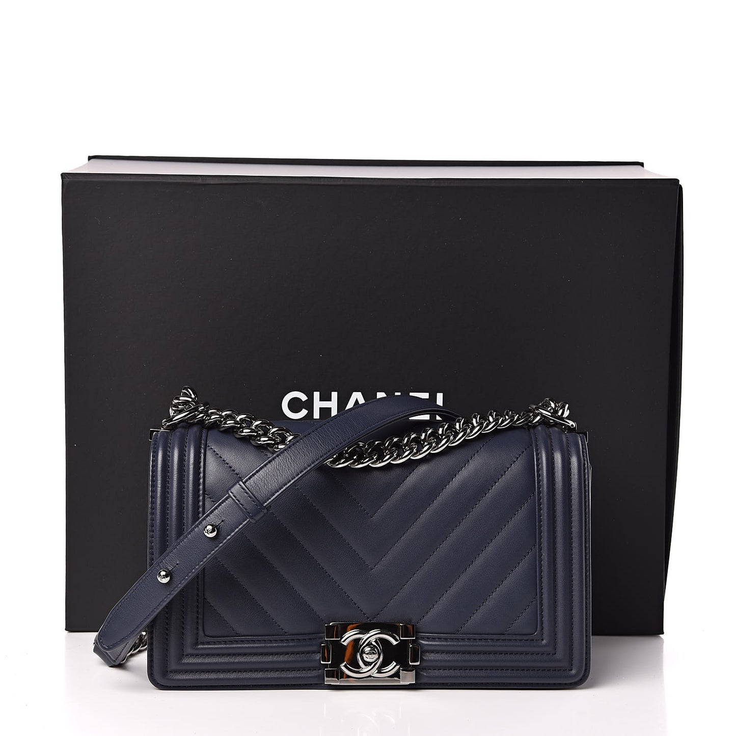 Calfskin Chevron Medium Boy Flap Navy