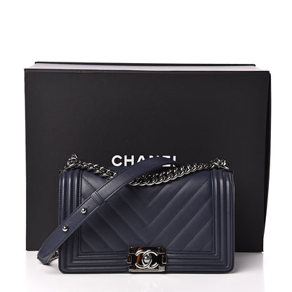 Chanel Calfskin Chevron Medium Boy Flap Navy 10 of 10