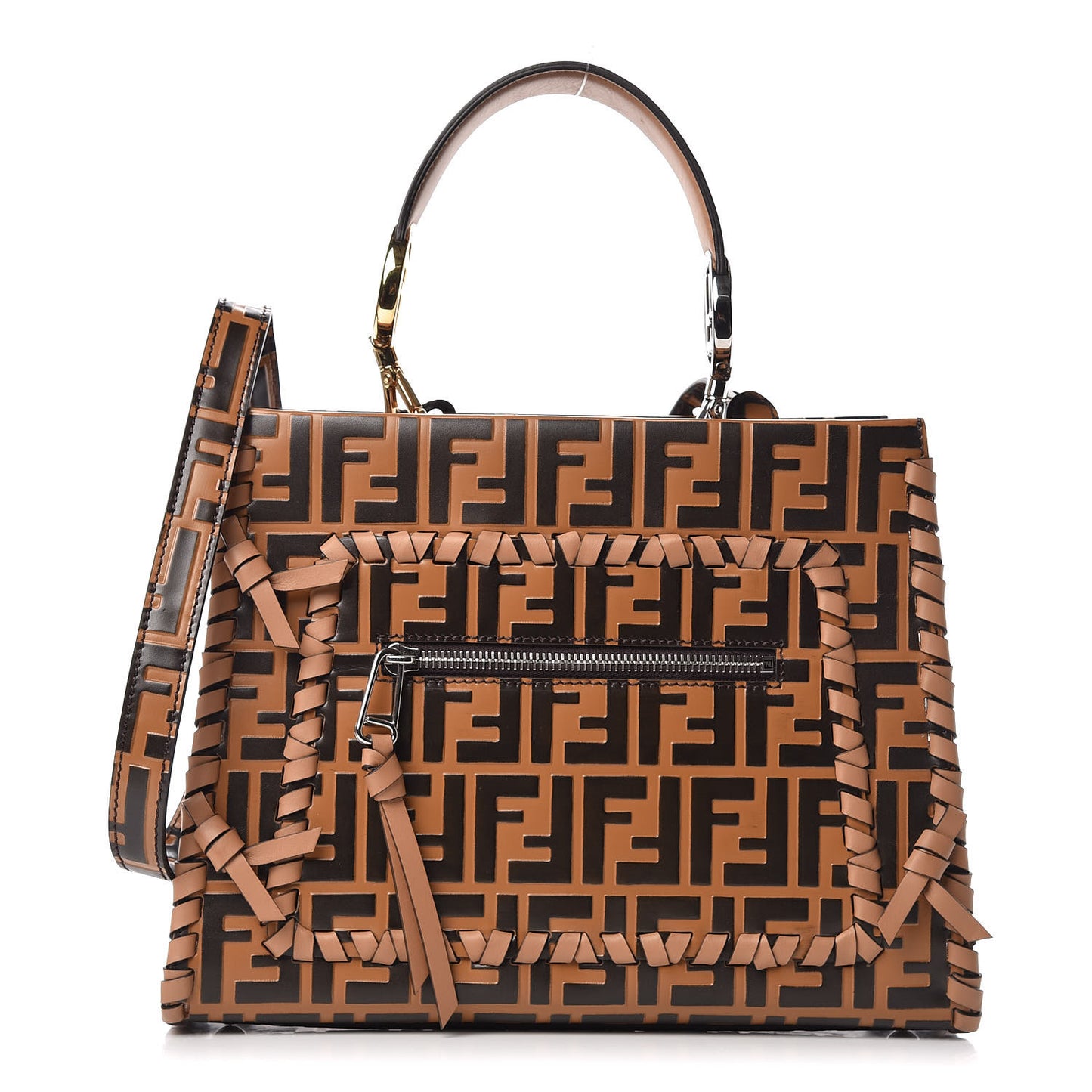 Vitello Century F is Fendi Whipstitch Threads FF Embossed Small Runaway Satchel Tobacco Orzo
