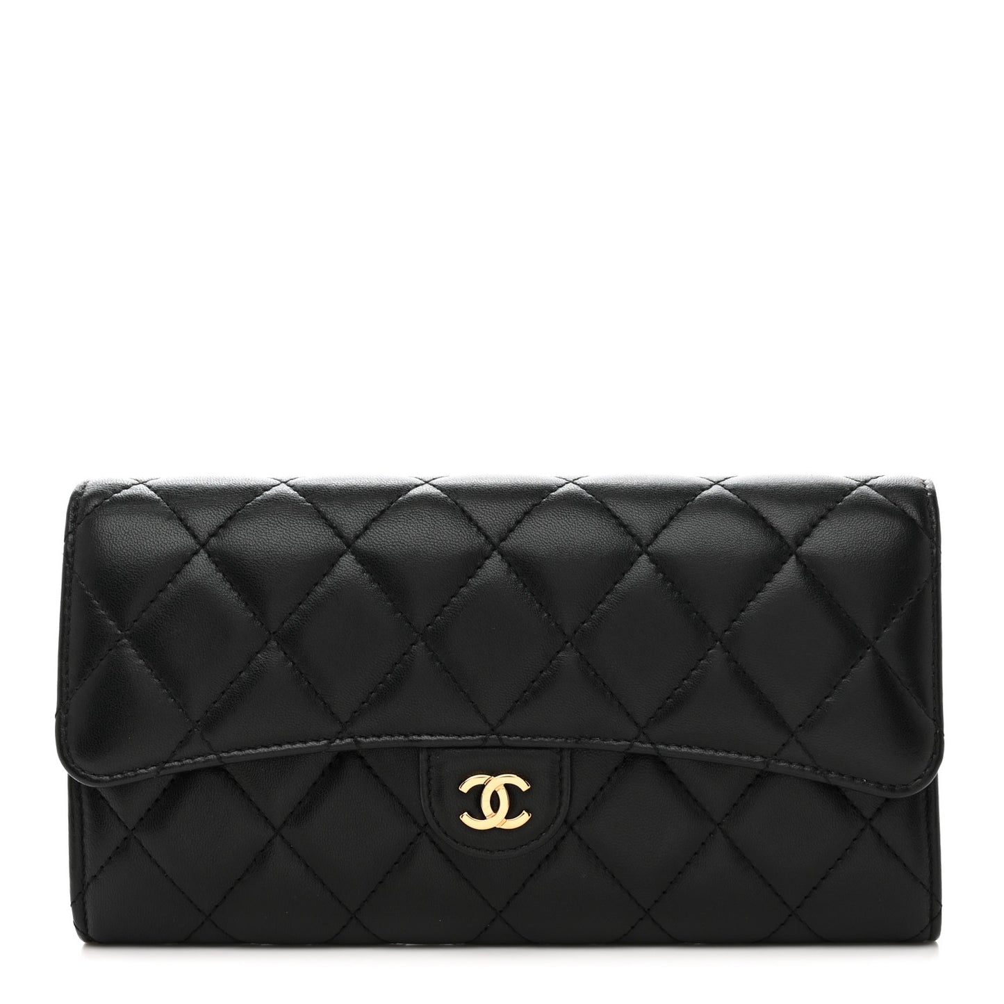 Lambskin Quilted Large Gusset Flap Wallet Black