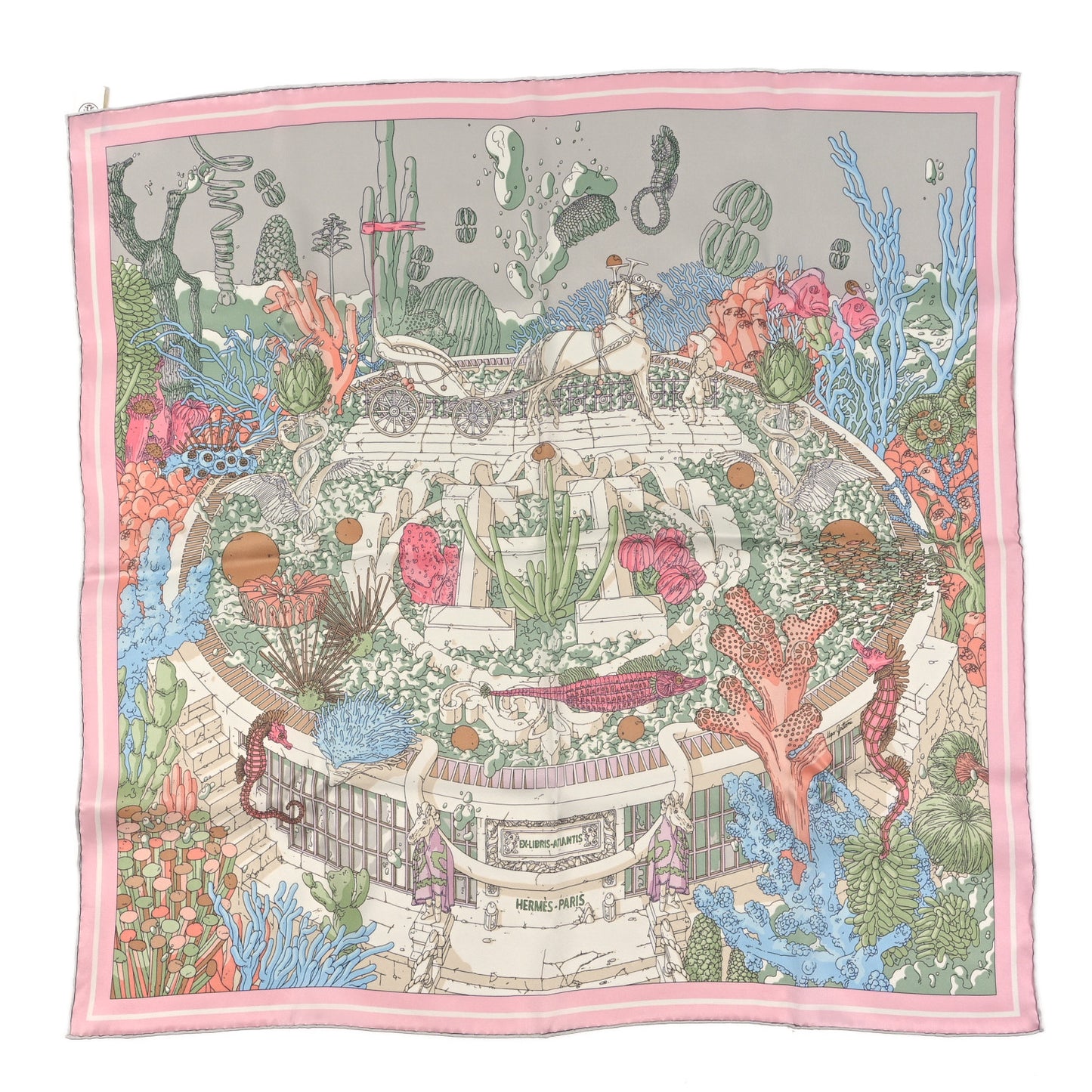 Silk Vintage Ex Libris Atlantis Scarf 70 Gris Perle Rose Pale