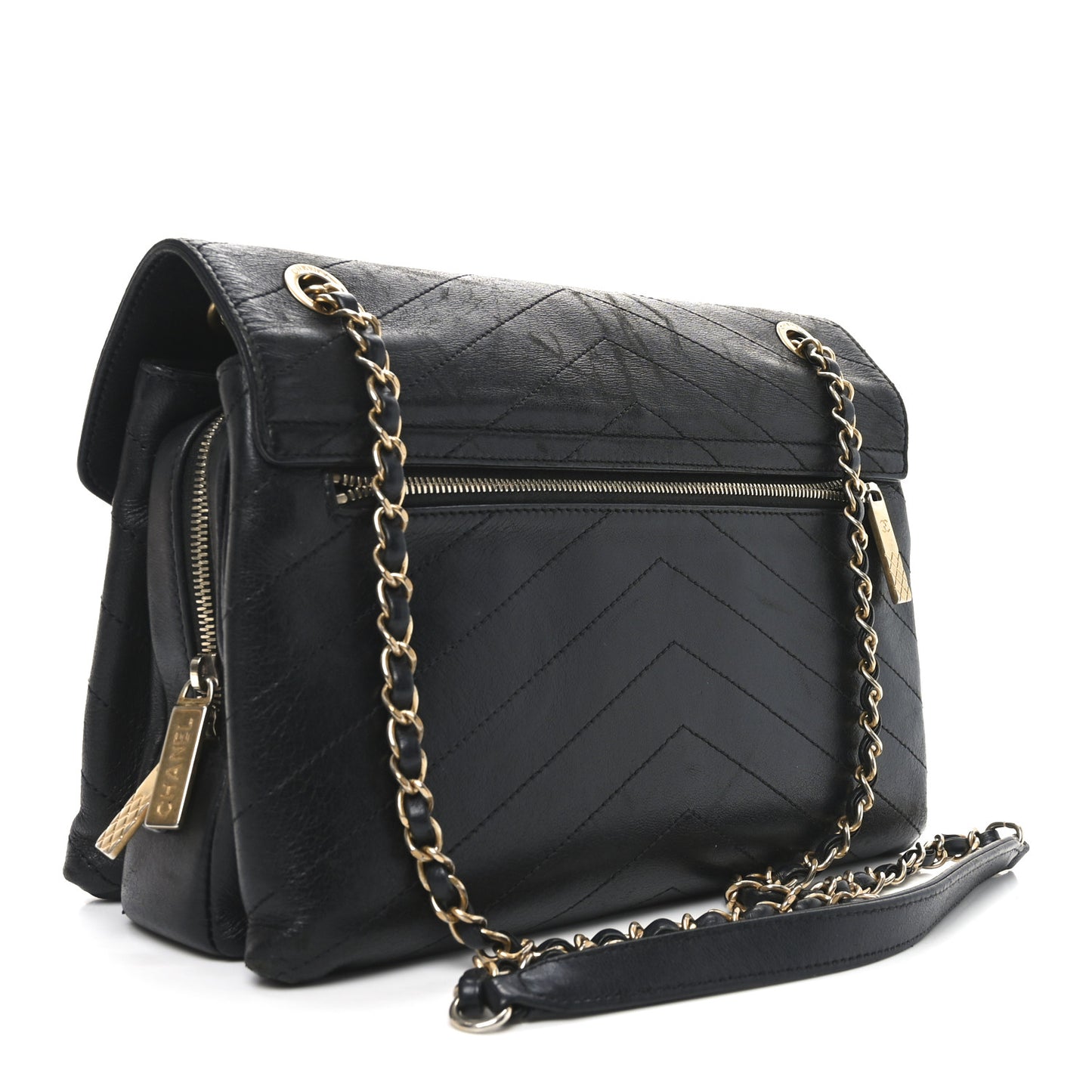 Lambskin Chevron Stitched Medium Envelope Flap Black