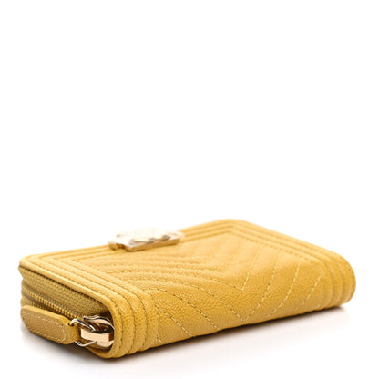 Chanel Caviar Chevron Quilted Boy Zip Around Coin Purse Wallet Yellow 4 of 7