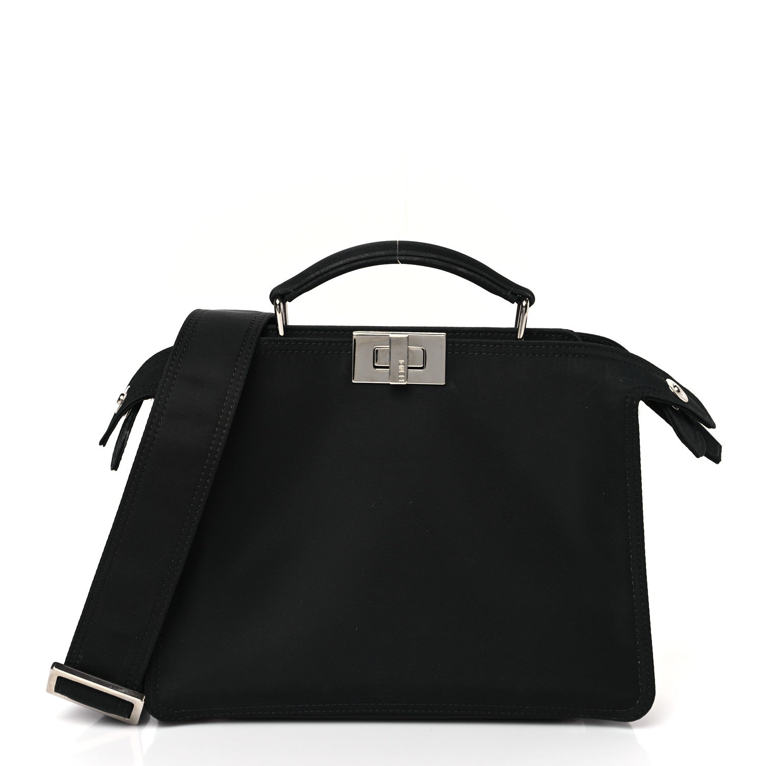 Fendi Nylon Vitello Cover Logo Embossed Mini Peekaboo I SEE U Satchel Black White 3 of 12