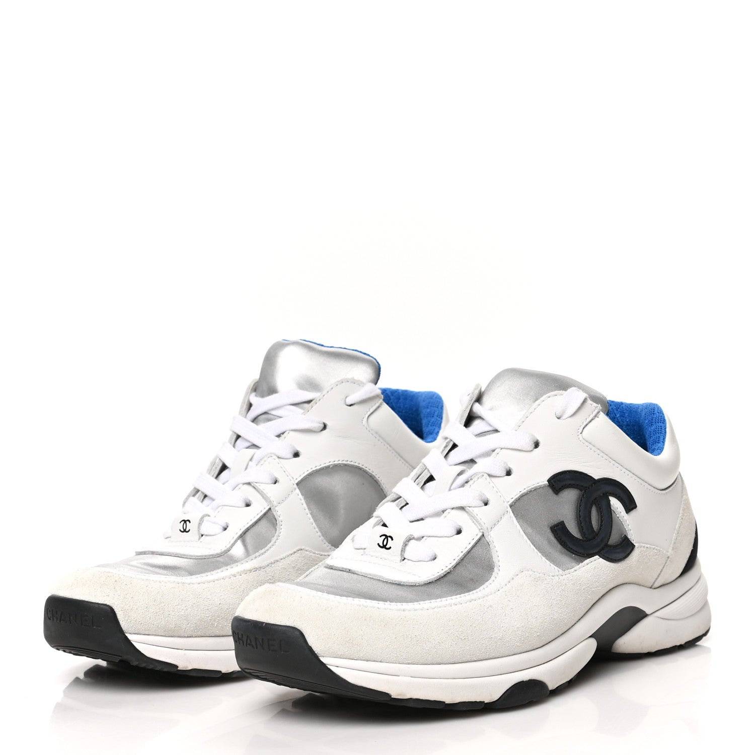 Chanel Calfskin Fabric Sneakers 39 White Silver Fluo Blue 3 of 9