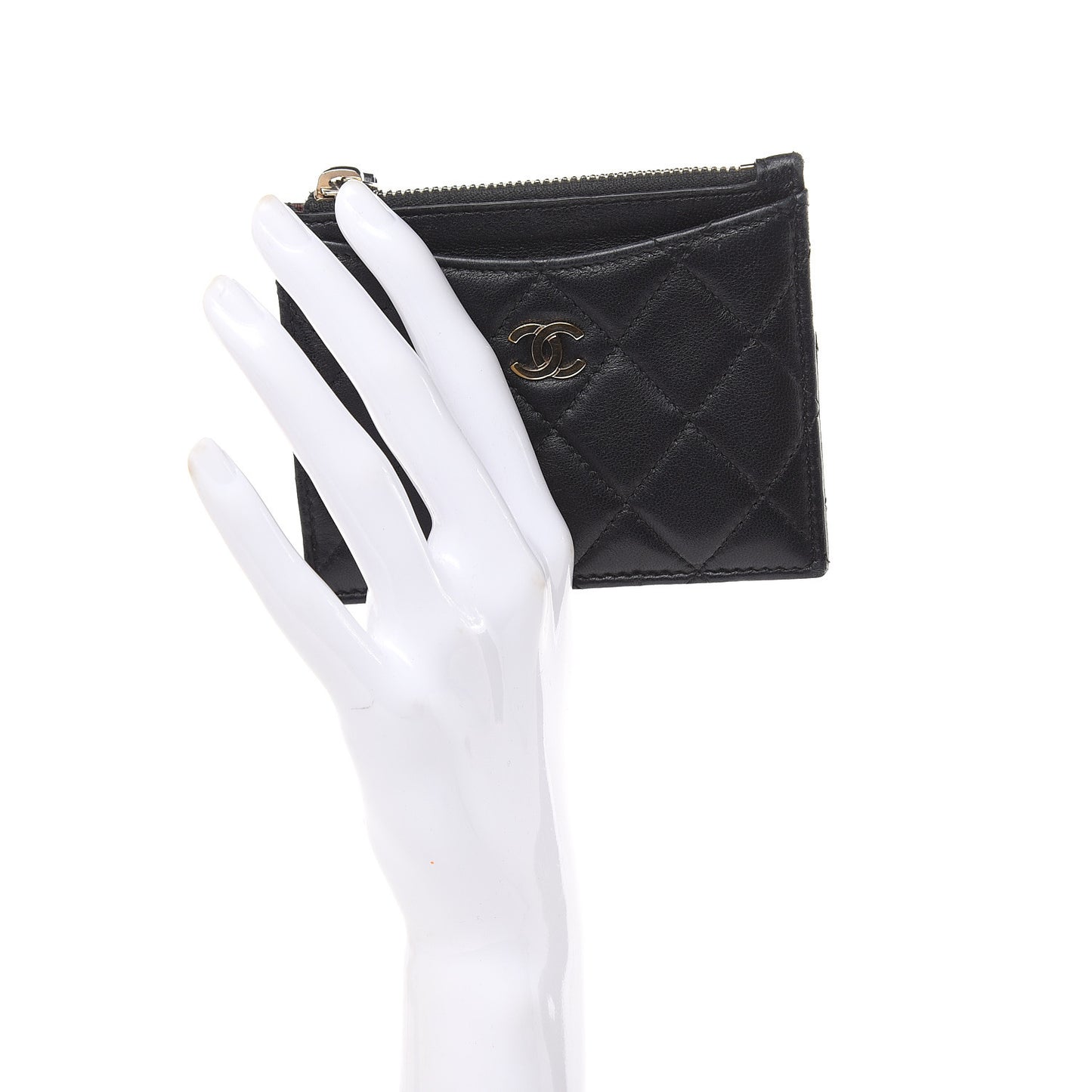 Lambskin Quilted Zip Card Holder Black