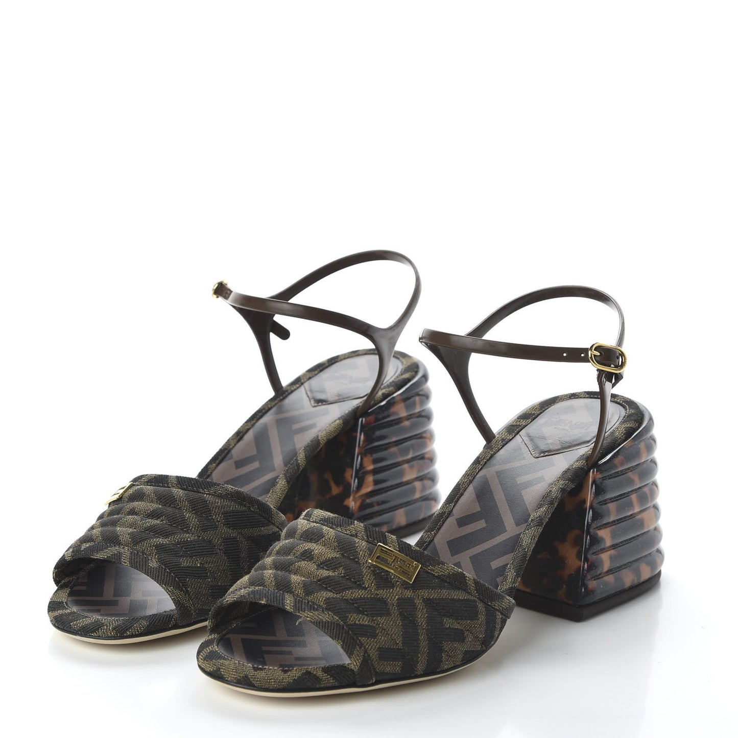 Jacquard Calfskin FF Tortoise Promenade Slingback Sandals 38.5 Tobacco