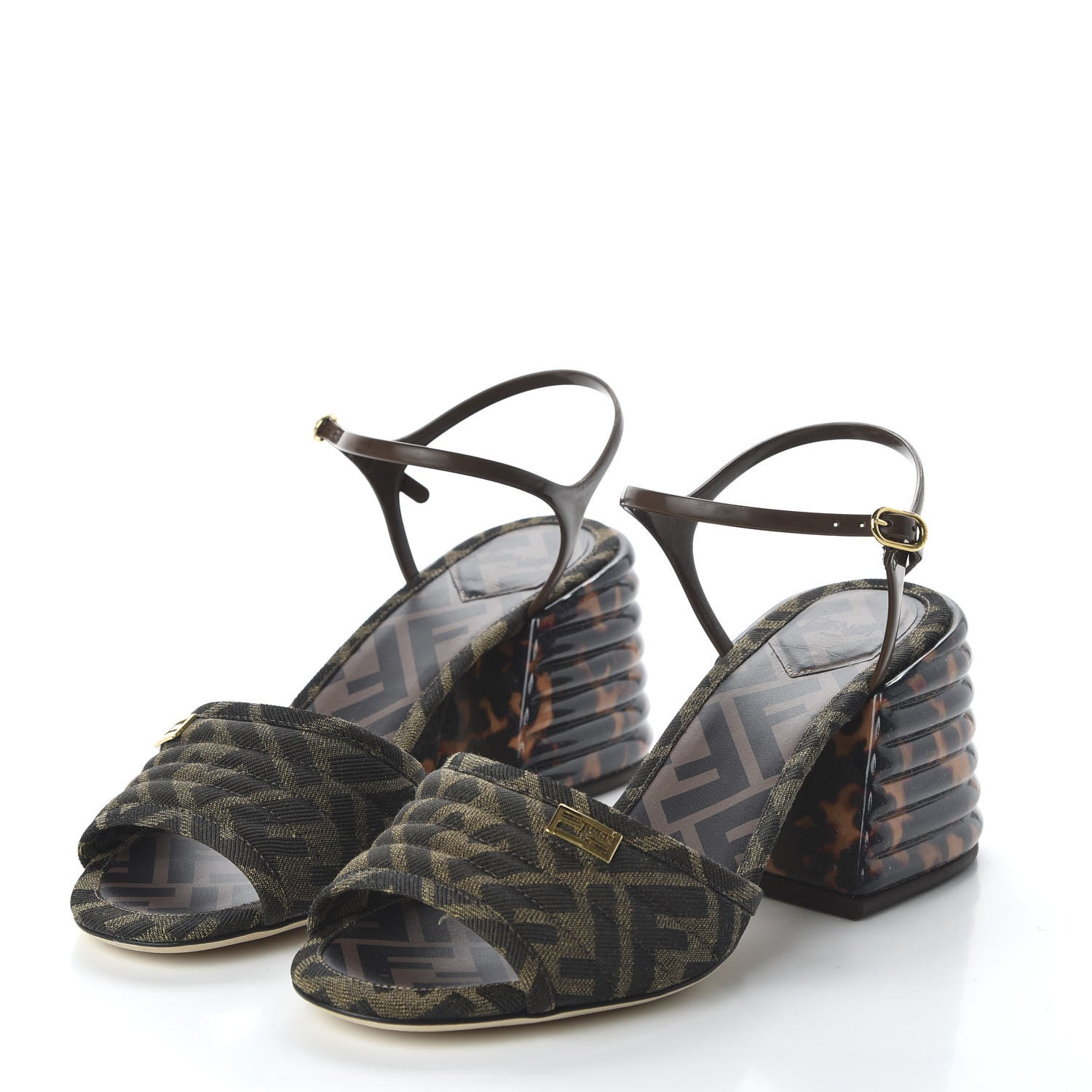 Fendi Jacquard Calfskin FF Tortoise Promenade Slingback Sandals 38.5 Tobacco 3 of 9