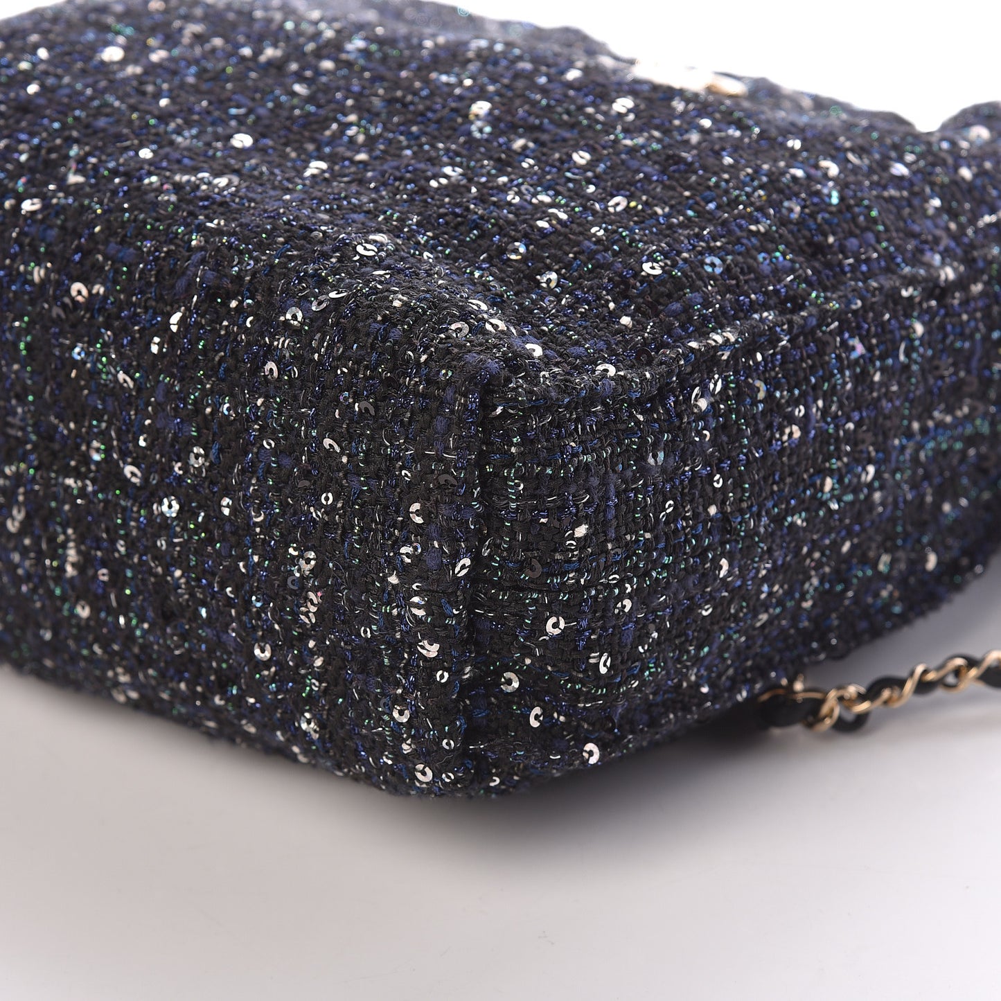 Tweed Sequin Pearl Drawstring Chain Bag Black Navy